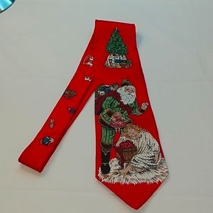 Vintage Ho Ho Ho Christmas Tie 100% Silk Red with Victorian Santa & Girl EUC